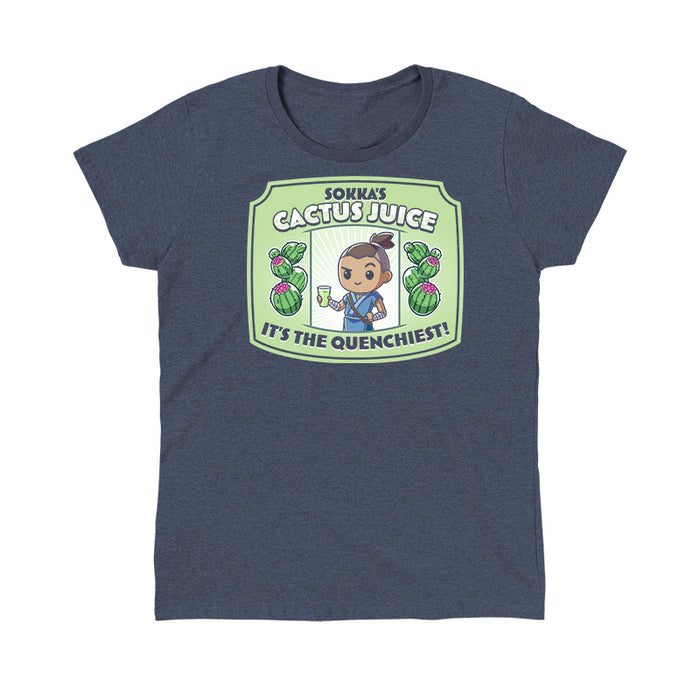 Classic Cotton T-shirt_TeeTurtle heather navy blue Sokka's Cactus Juice featuring a label with a drawing of two cactuses, Sokka from Avatar: The Last Airbender holding a glass full of green liquid, and text that says "Sokka's Cactus Juice" at the top and "It's the quenchiest!" at the bottom.