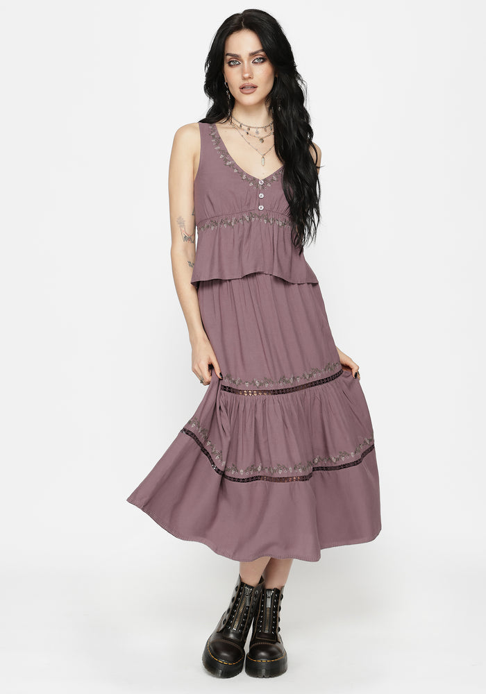 Solis Skull Embroidered Linen Midi Skirt