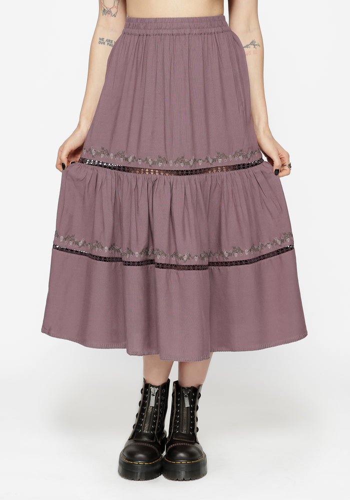 Solis Skull Embroidered Linen Midi Skirt