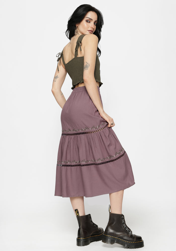 Solis Skull Embroidered Linen Midi Skirt