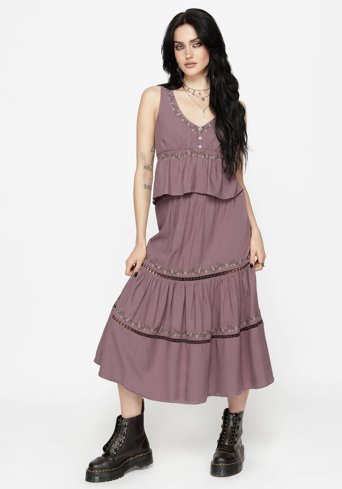 Solis Skull Embroidered Linen Midi Skirt