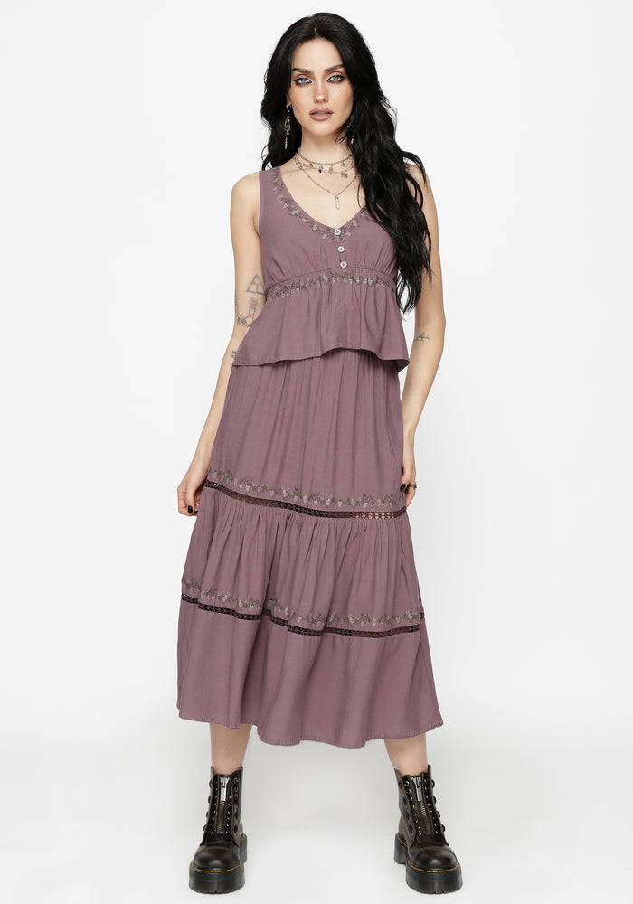 Solis Skull Embroidered Linen Midi Skirt