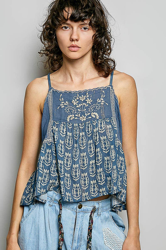 Spaghetti Strap Camisole Printed Embroidered Woven Top: INDIGO / S Pol Clothing