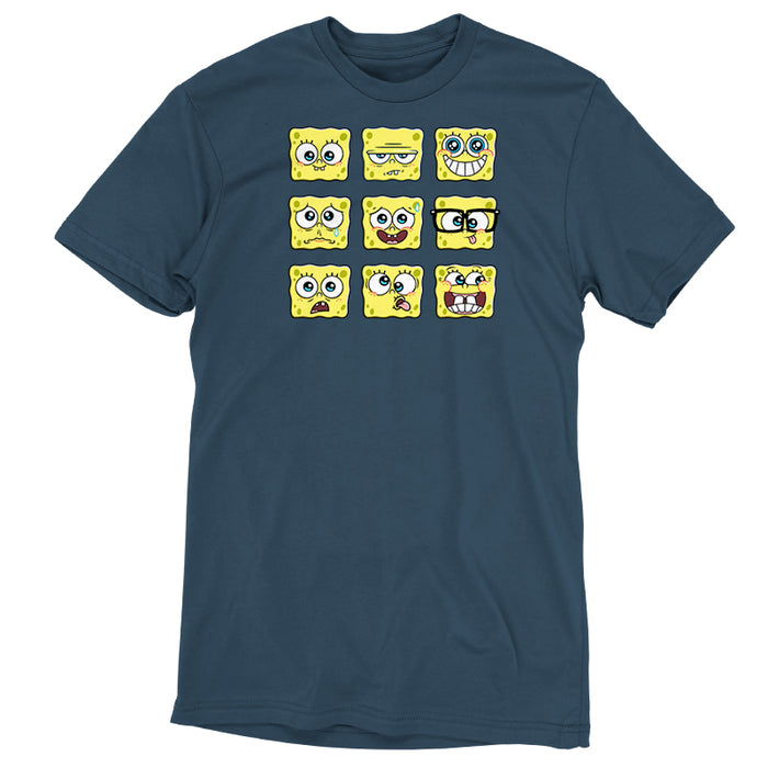 Premium Cotton T-shirt_TeeTurtle denim blue SpongeBob Expression Grid Premium Cotton t-shirt featuring a 3 by 3 grid of nine different SpongeBob SquarePants expressions ranging from delighted to silly to worried to grumpy.