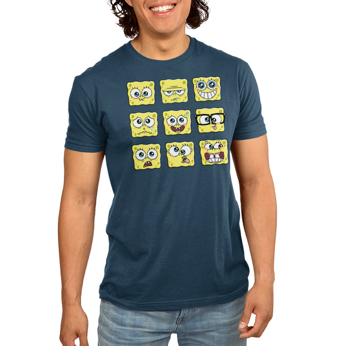 Premium Cotton T-shirt_TeeTurtle denim blue SpongeBob Expression Grid Premium Cotton t-shirt featuring a 3 by 3 grid of nine different SpongeBob SquarePants expressions ranging from delighted to silly to worried to grumpy.