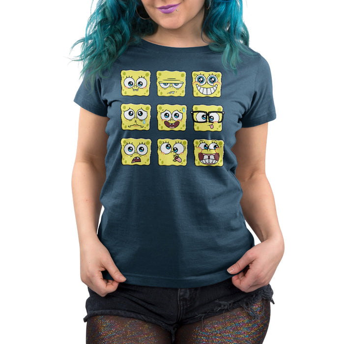 Premium Cotton T-shirt_TeeTurtle denim blue SpongeBob Expression Grid Premium Cotton t-shirt featuring a 3 by 3 grid of nine different SpongeBob SquarePants expressions ranging from delighted to silly to worried to grumpy.