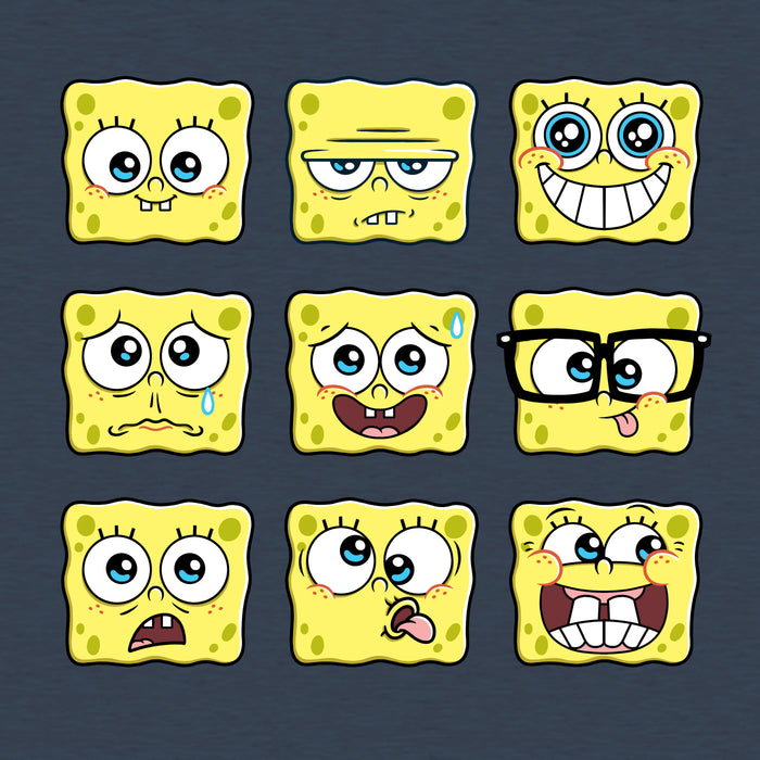 Classic Cotton T-shirt_TeeTurtle denim blue SpongeBob Expression Grid Classic Cotton t-shirt featuring a 3 by 3 grid of nine different SpongeBob SquarePants expressions ranging from delighted to silly to worried to grumpy.