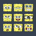 Classic Cotton T-shirt_TeeTurtle denim blue SpongeBob Expression Grid Classic Cotton t-shirt featuring a 3 by 3 grid of nine different SpongeBob SquarePants expressions ranging from delighted to silly to worried to grumpy.