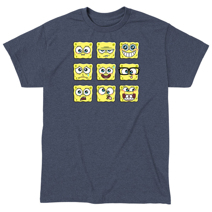 Classic Cotton T-shirt_TeeTurtle denim blue SpongeBob Expression Grid Classic Cotton t-shirt featuring a 3 by 3 grid of nine different SpongeBob SquarePants expressions ranging from delighted to silly to worried to grumpy.