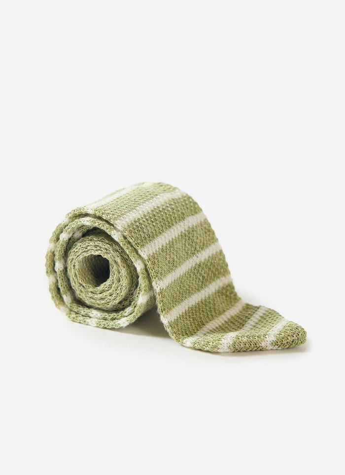 Percival Stripe Linen Tie in Sage Marl, rolled up on a white background.