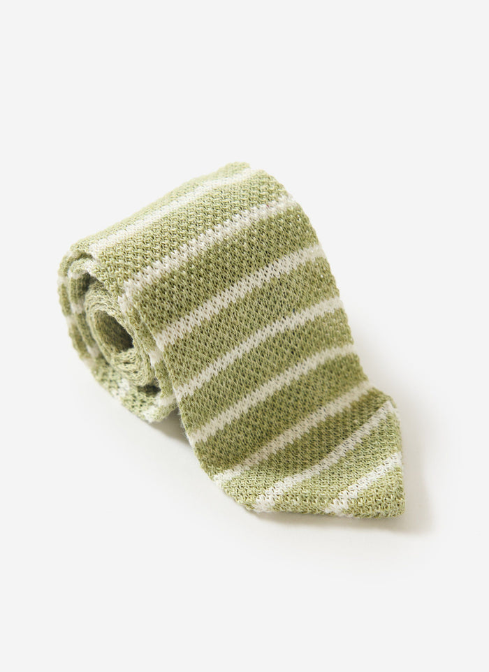 A rolled percival linen tie in a sage marl and ecru stripe design, shot on a white background.
