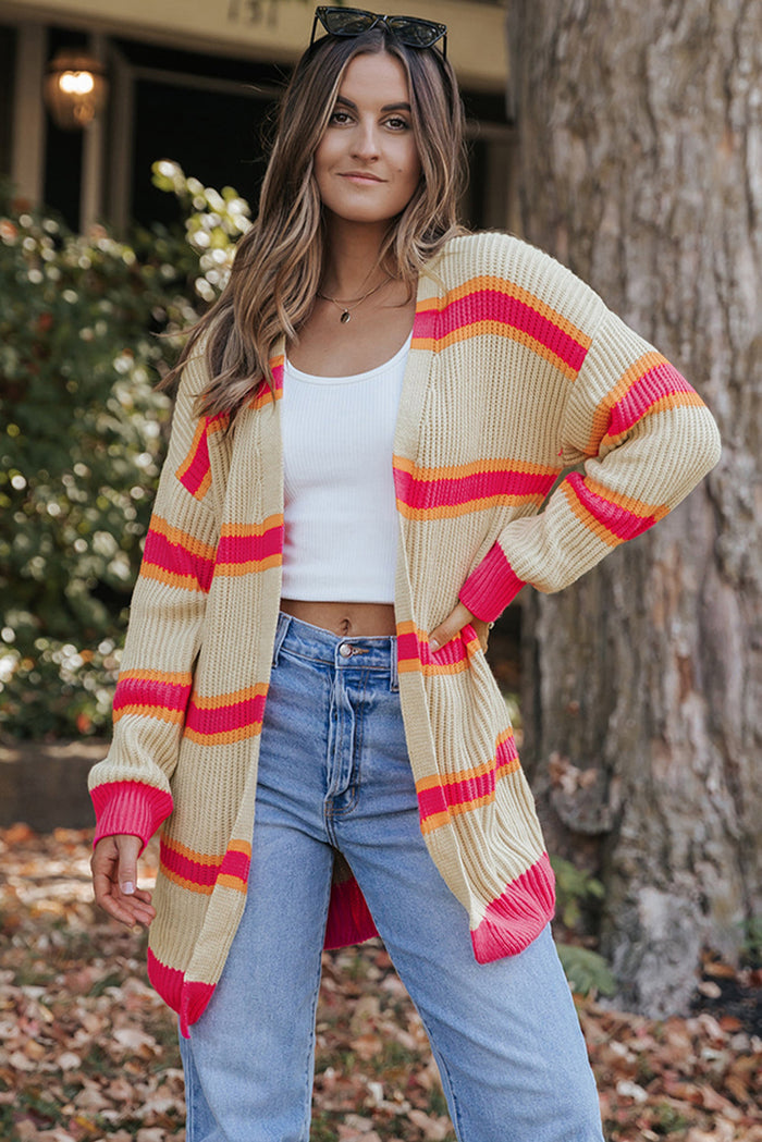 Stripe Printed Ribbed Long Knitted Cardigan - STRIPE / S / 100% ACRYLIC - Sweaters & Cardigans/Cardigans