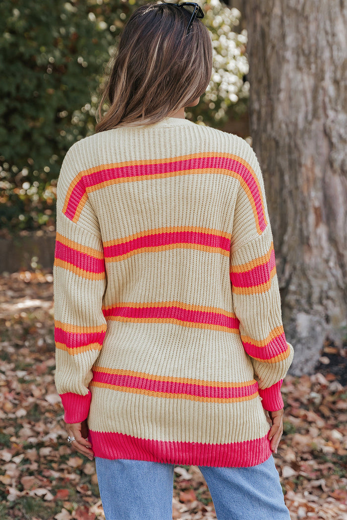 Stripe Printed Ribbed Long Knitted Cardigan - Sweaters & Cardigans/Cardigans