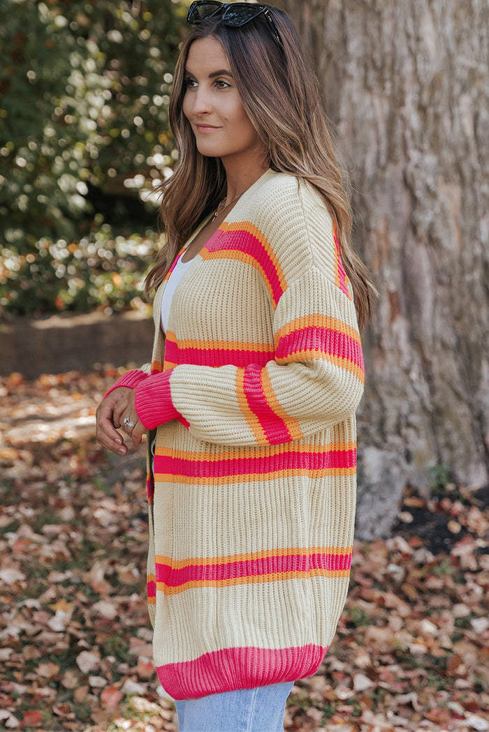 Stripe Printed Ribbed Long Knitted Cardigan - Sweaters & Cardigans/Cardigans