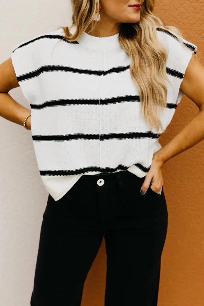 White Striped Batwing Sleeve Sweater Tee - WHITE / S / 100% ACRYLIC - Sweaters & Cardigans/Sweater Vests