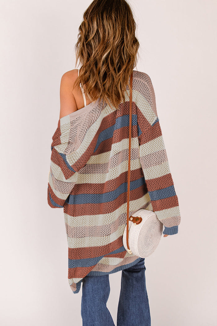 Striped Colour Block Hollowed Knit Cardigan - Sweaters & Cardigans/Cardigans