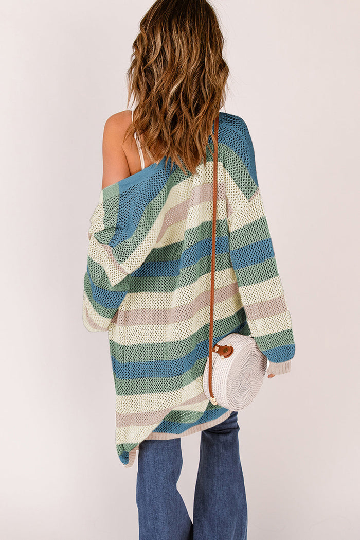 Striped Colour Block Hollowed Knit Cardigan - Sweaters & Cardigans/Cardigans