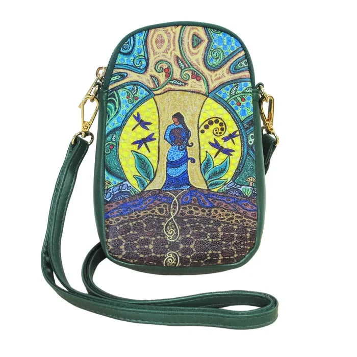 Strong Earth Woman Phone Bag featuring colorful art by Métis artist Leah Dorion, highlighting women's connection to the earth.