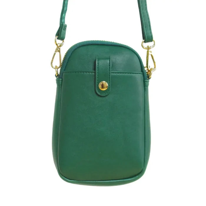 Strong Earth Woman Phone Bag in green synthetic leather with detachable strap and zipped compartment.