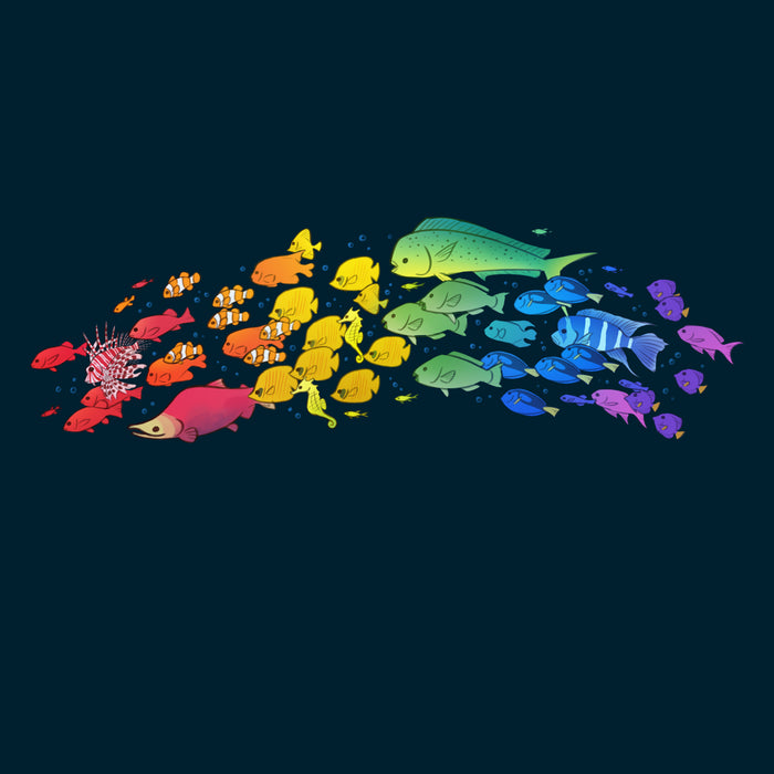 Premium Cotton T-shirt_TeeTurtle navy blue Swimming Spectrum apparel featuring a school of fish in rainbow colors.