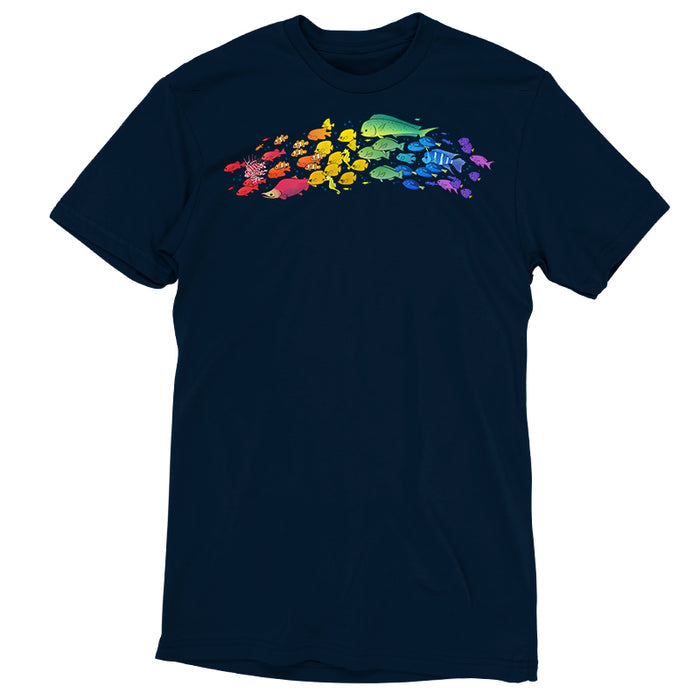 Premium Cotton T-shirt_TeeTurtle navy blue Swimming Spectrum apparel featuring a school of fish in rainbow colors.
