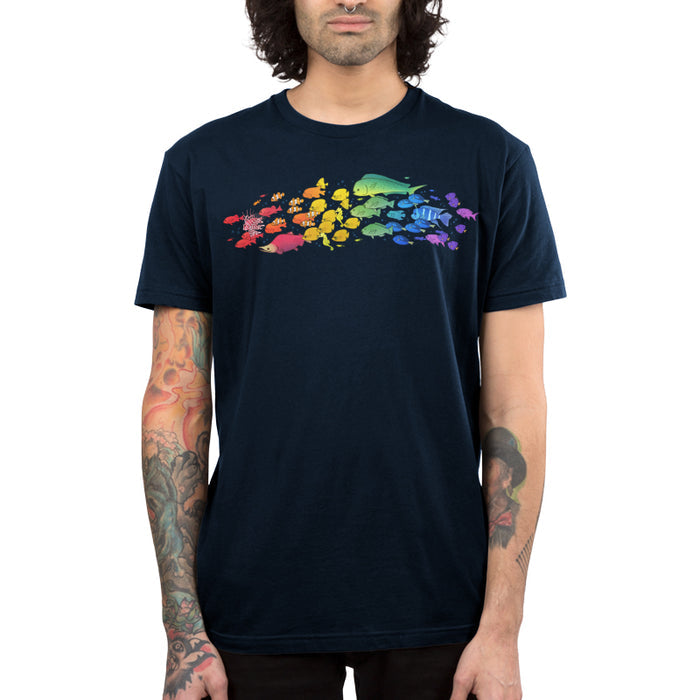 Premium Cotton T-shirt_TeeTurtle navy blue Swimming Spectrum apparel featuring a school of fish in rainbow colors.