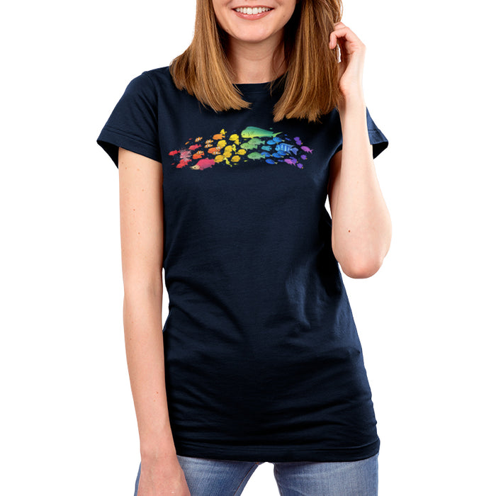 Premium Cotton T-shirt_TeeTurtle navy blue Swimming Spectrum apparel featuring a school of fish in rainbow colors.
