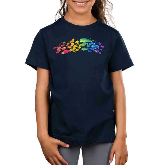 Premium Cotton T-shirt_TeeTurtle navy blue Swimming Spectrum apparel featuring a school of fish in rainbow colors.