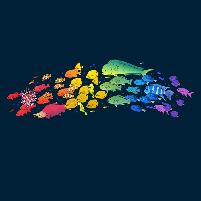 Classic Cotton T-shirt_TeeTurtle navy blue Swimming Spectrum apparel featuring a school of fish in rainbow colors.