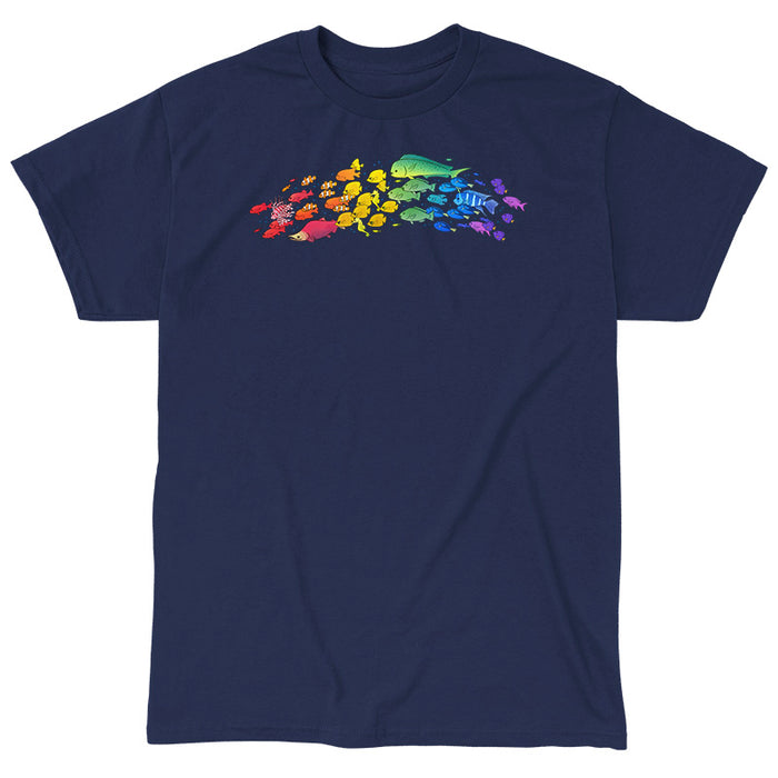 Classic Cotton T-shirt_TeeTurtle navy blue Swimming Spectrum apparel featuring a school of fish in rainbow colors.
