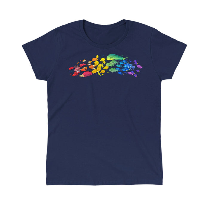 Classic Cotton T-shirt_TeeTurtle navy blue Swimming Spectrum apparel featuring a school of fish in rainbow colors.
