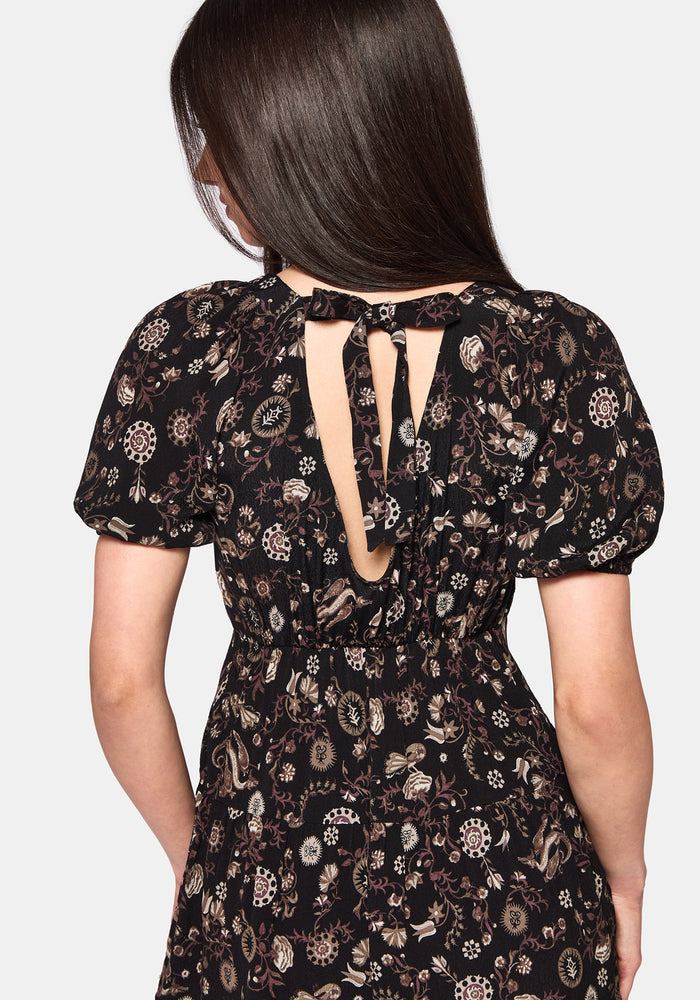 Sylra Ditsy Folk Print Tie Back Tiered Mini Dress