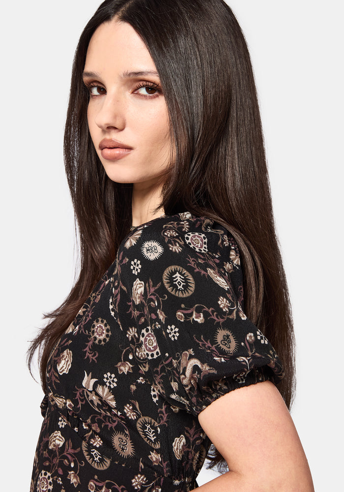 Sylra Ditsy Folk Print Tie Back Tiered Mini Dress