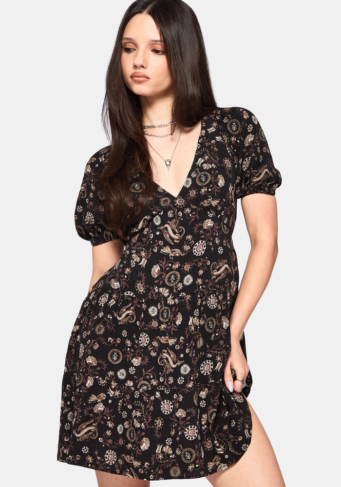 Sylra Ditsy Folk Print Tie Back Tiered Mini Dress