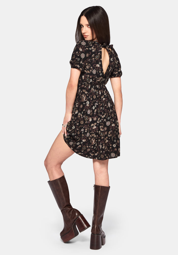Sylra Ditsy Folk Print Tie Back Tiered Mini Dress