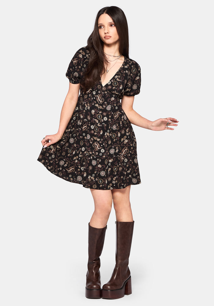 Sylra Ditsy Folk Print Tie Back Tiered Mini Dress