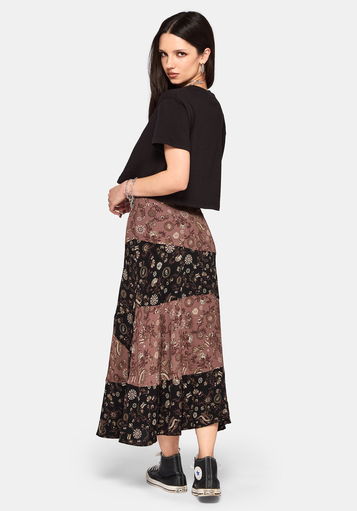 Sylra Ditsy Folk Spliced Midi Skirt