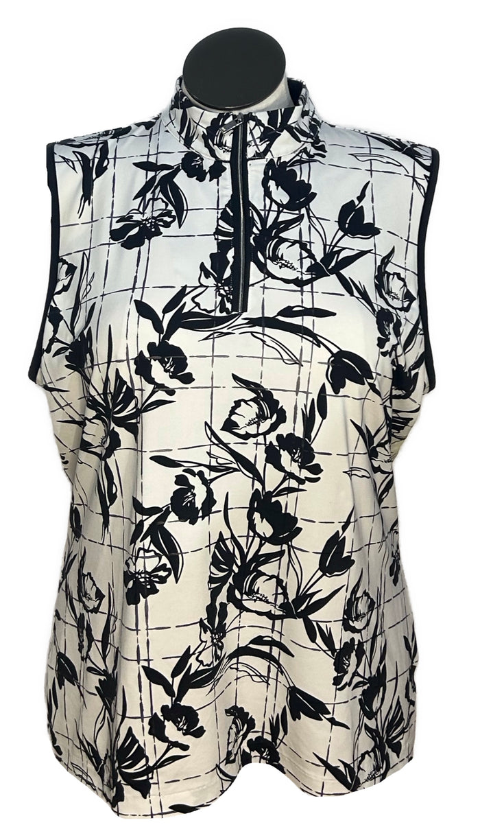 Tail Women's Black & White Grid Floral Print Sleeveless Golf Top Size XXL