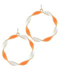 Orange and white twisted hoop earrings with epoxy finish, Tennessee gameday-inspired jewelry photographed for The Pink Doxie Boutique.