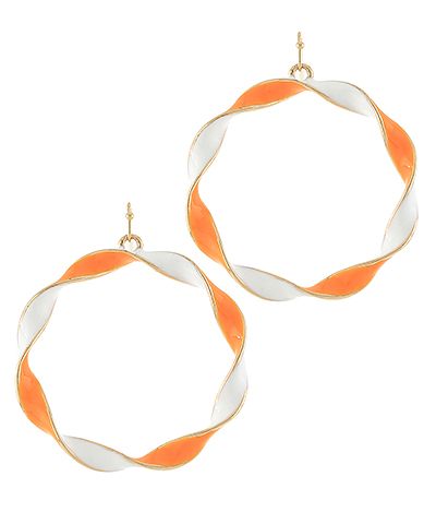 Orange and white twisted hoop earrings with epoxy finish, Tennessee gameday-inspired jewelry photographed for The Pink Doxie Boutique.