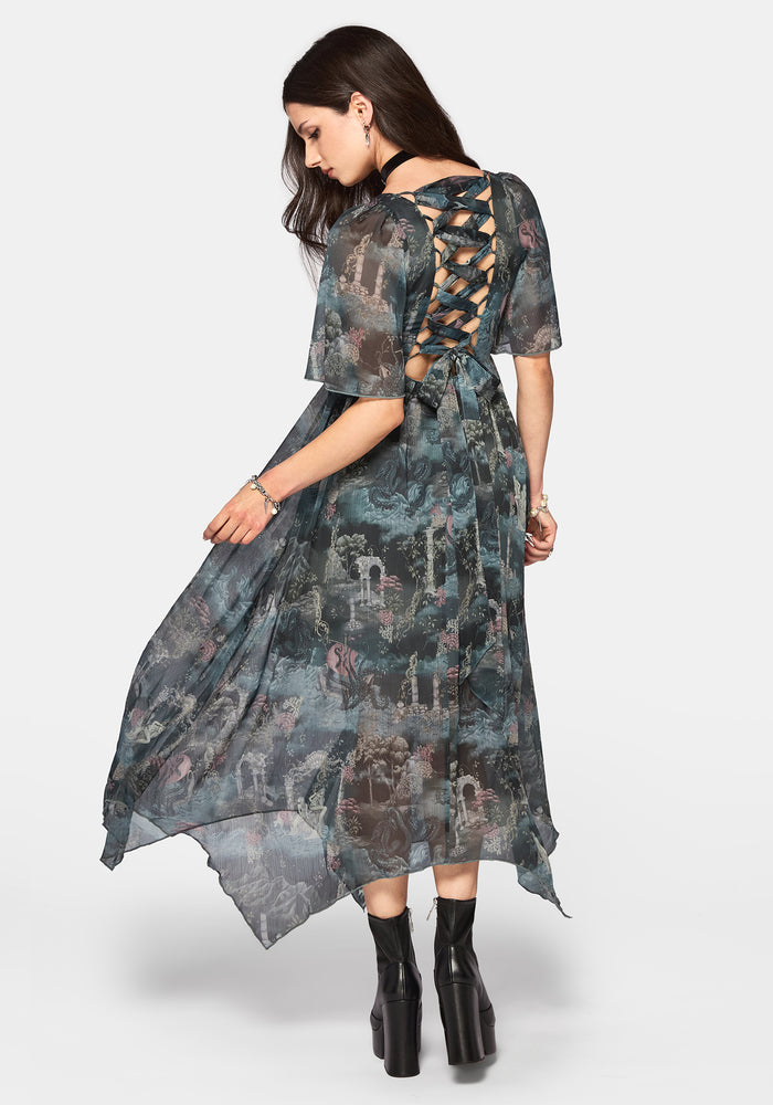 Thalassa Print Lace Up Midaxi Dress