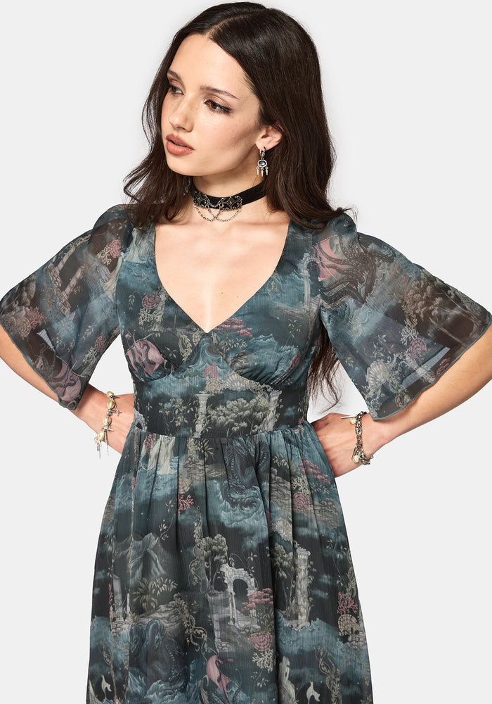 Thalassa Print Lace Up Midaxi Dress