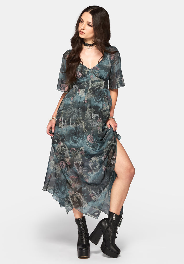 Thalassa Print Lace Up Midaxi Dress