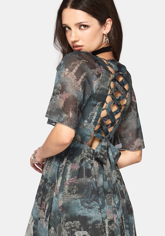Thalassa Print Lace Up Midaxi Dress