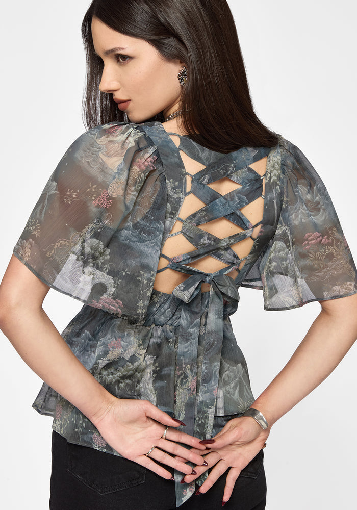 Thalassa Print Tie Back Angel Sleeve Top