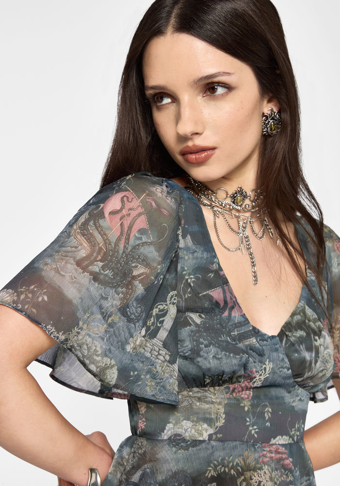 Thalassa Print Tie Back Angel Sleeve Top