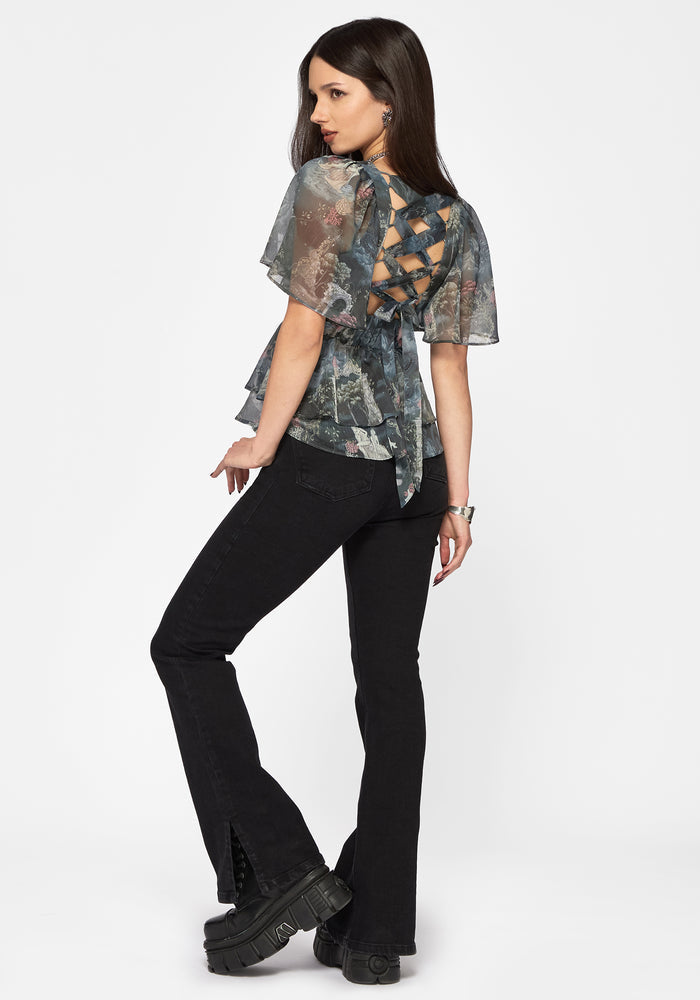 Thalassa Print Tie Back Angel Sleeve Top