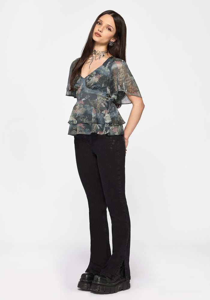 Thalassa Print Tie Back Angel Sleeve Top