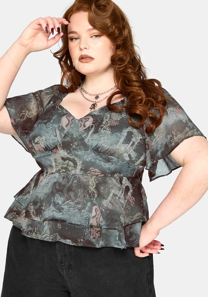 Thalassa Print Tie Back Angel Sleeve Top