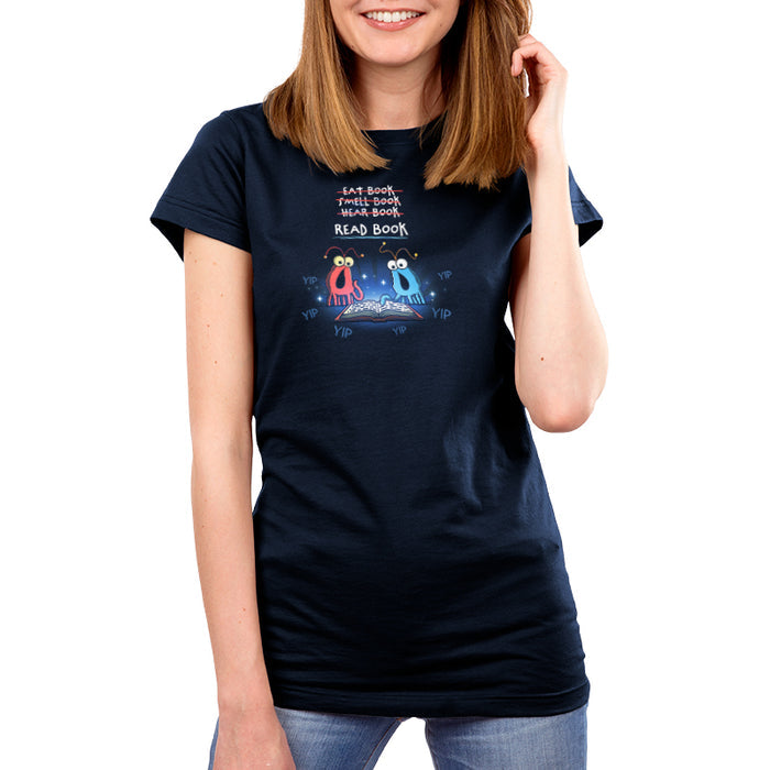Premium Cotton T-shirt_TeeTurtle navy The Martians Read Book Premium Cotton T-shirt featuring the red and blue yip yip martians from Sesame Street in a classic moment where they are trying to figure out what to do with a book that is open in front of them. Text above them reads "Eat Book," "Smell Book," and "Hear Book" with all of them crossed out and "Read Book" underneath. They are surrounded by the word "yip."